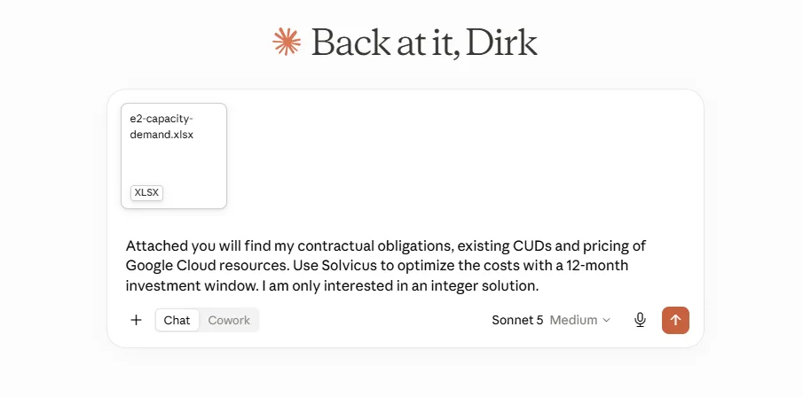 Claude Desktop with the Solvicus MCP server: a prompt attaching contractual obligations, existing CUDs, and Google Cloud pricing, asking Solvicus to optimize committed use discounts over a 12-month investment window.